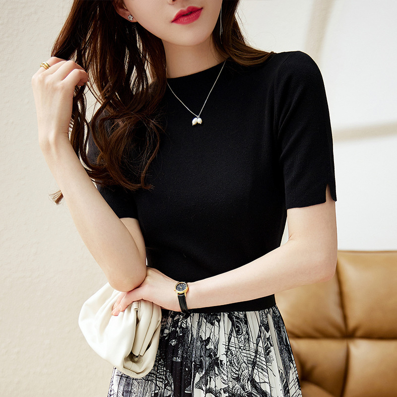 Knitted Short-sleeved Black Slim-fit Tencel Top Summer Women's Wear Lyocell Sweater Pullover Base Slim Sweater