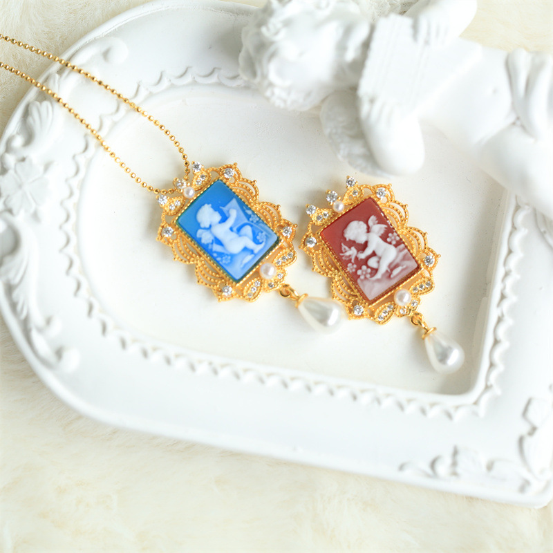 直播精品货源 s925银镶玛瑙浮雕卡梅奥天使吊坠