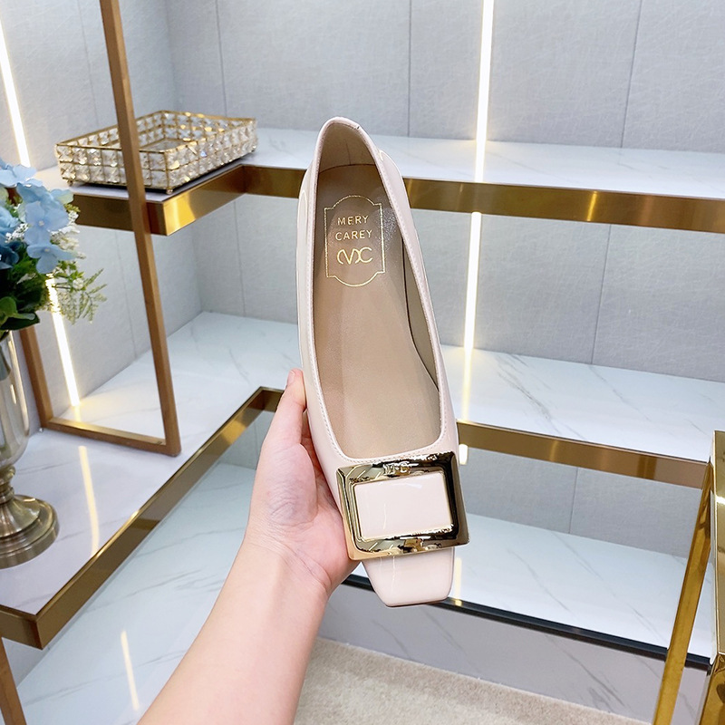 工場直販、女性用スクエアバックルフラットシューズ、パテントレザー、スクエアトゥ、浅口、メタルバックル、ローヒール、多用途チャンキーヒールシューズ|undefined