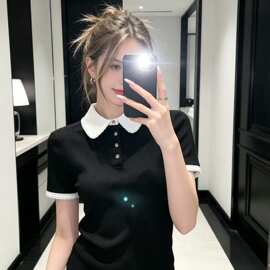 法式优雅2026早秋新款女装金扣撞色花边polo翻领针织短袖上衣女