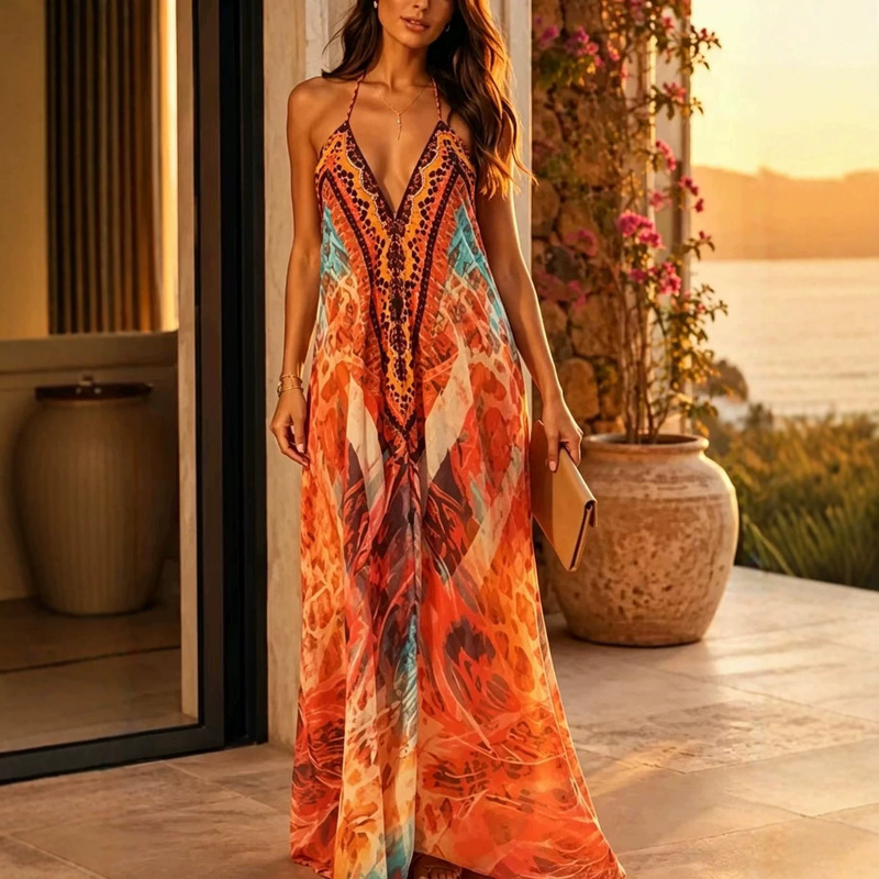 2026 Amazon Bestseller: Sexy Backless Rhinestone V-Neck Dress, Large Hem Vacation Print Elegant Halter Neck Long Dress 2026 Amazon Bestseller: Sexy Backless Rhinestone V-Neck Dress, Large Hem Vacation Print Elegant Halter Neck Long Dress
