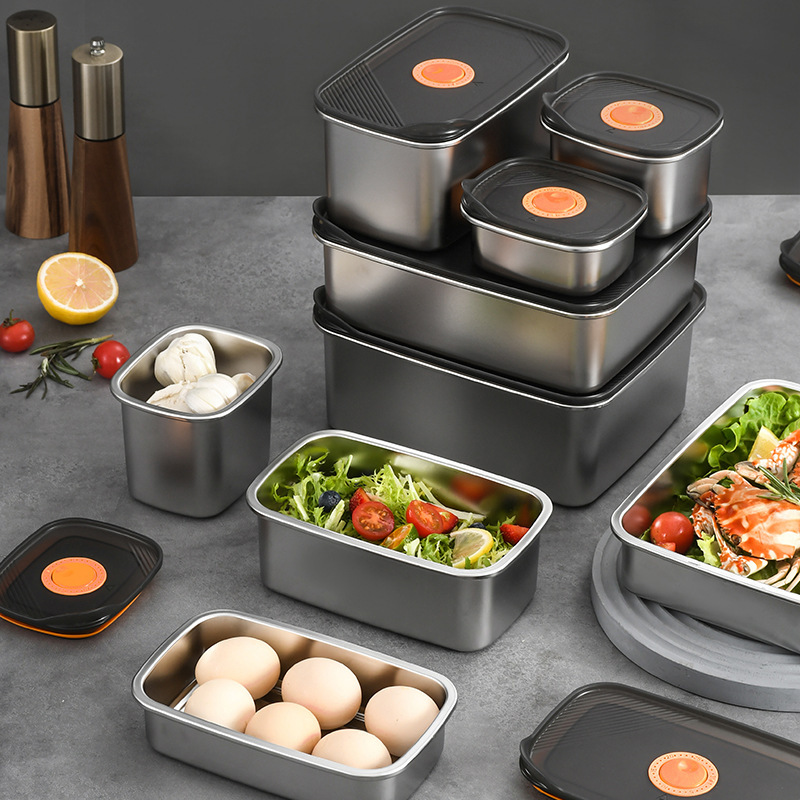 Stainless Steel Box 304 Food-Grade Lunch Box Sealed Fruit Bento Refrigerator Square Box with Lid Microwaveable Fresh-Keeping Lunch Box