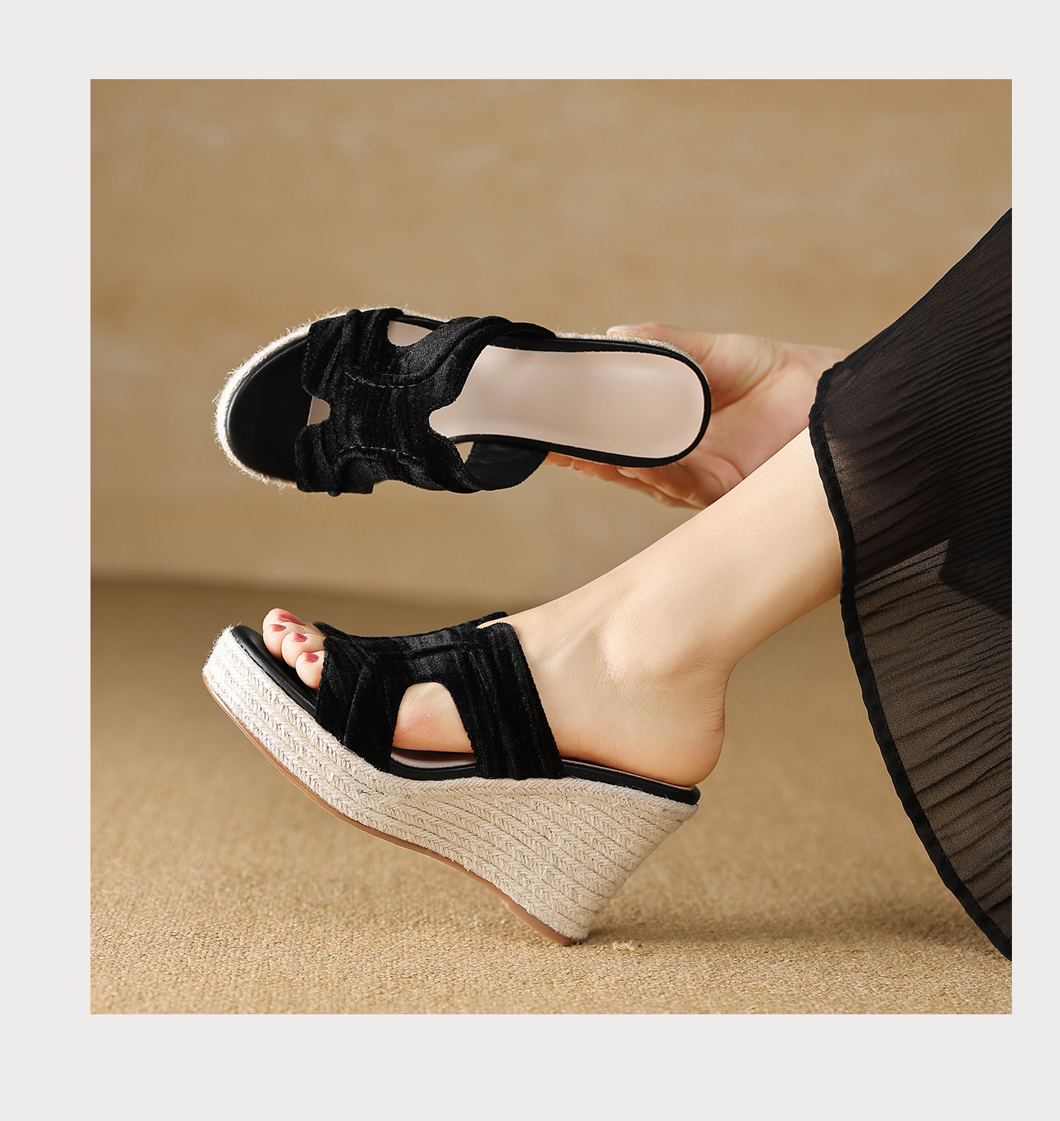 Sandal cao gót nữ đế xuồng phong cách Bohemian, quai ngang đan mây, gót 9 cm — màu đen, màu mơ chi tiết 13
