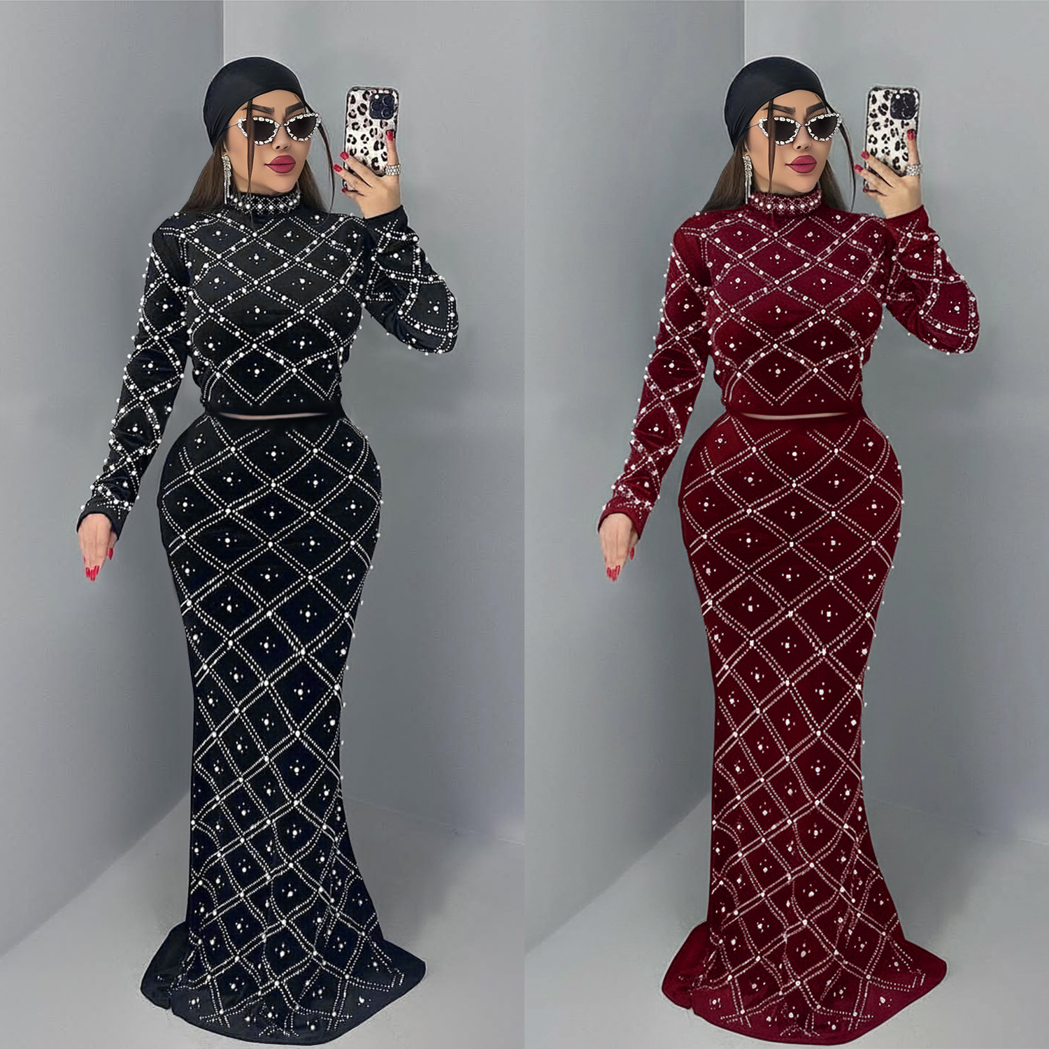 C7618 Aliexpress transfronterizo Amazon Europa y América moda de mujer elegante chaqueta de perlas de diamante caliente vestido larga de dos piezas