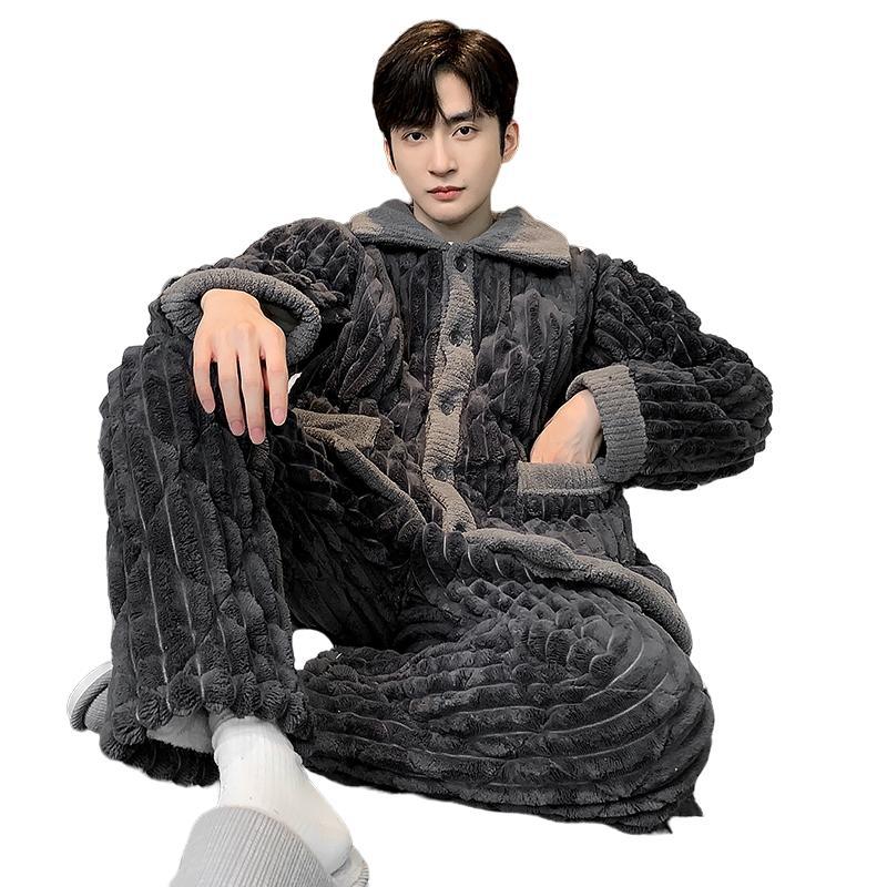 간단한 청소년 산호 벨벳 퀼트 잠옷 남성 가을, 겨울 정장 두꺼운 따뜻한 가정 옷 플란넬은 외부에서 착용 가능