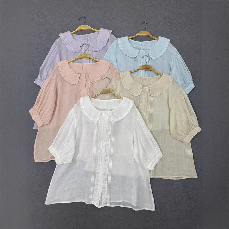 Summer Light and Thin Japanese Style Lace Splicing Ramie Doll Collar Cute Top Single-breasted Loose Short-sleeved Refreshing Shirt