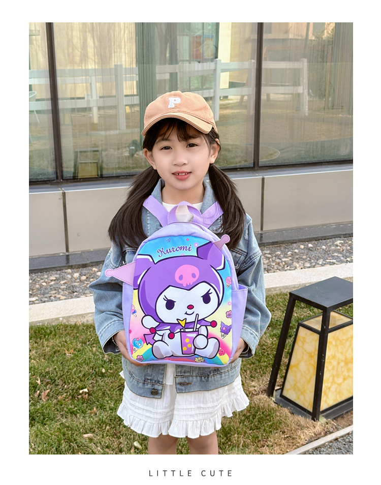 The new 2024 Kuromi kindergarten backpack is cute and cartoonized. It's a lightweight schoolbag and a cute snack bag for kids details Picture
