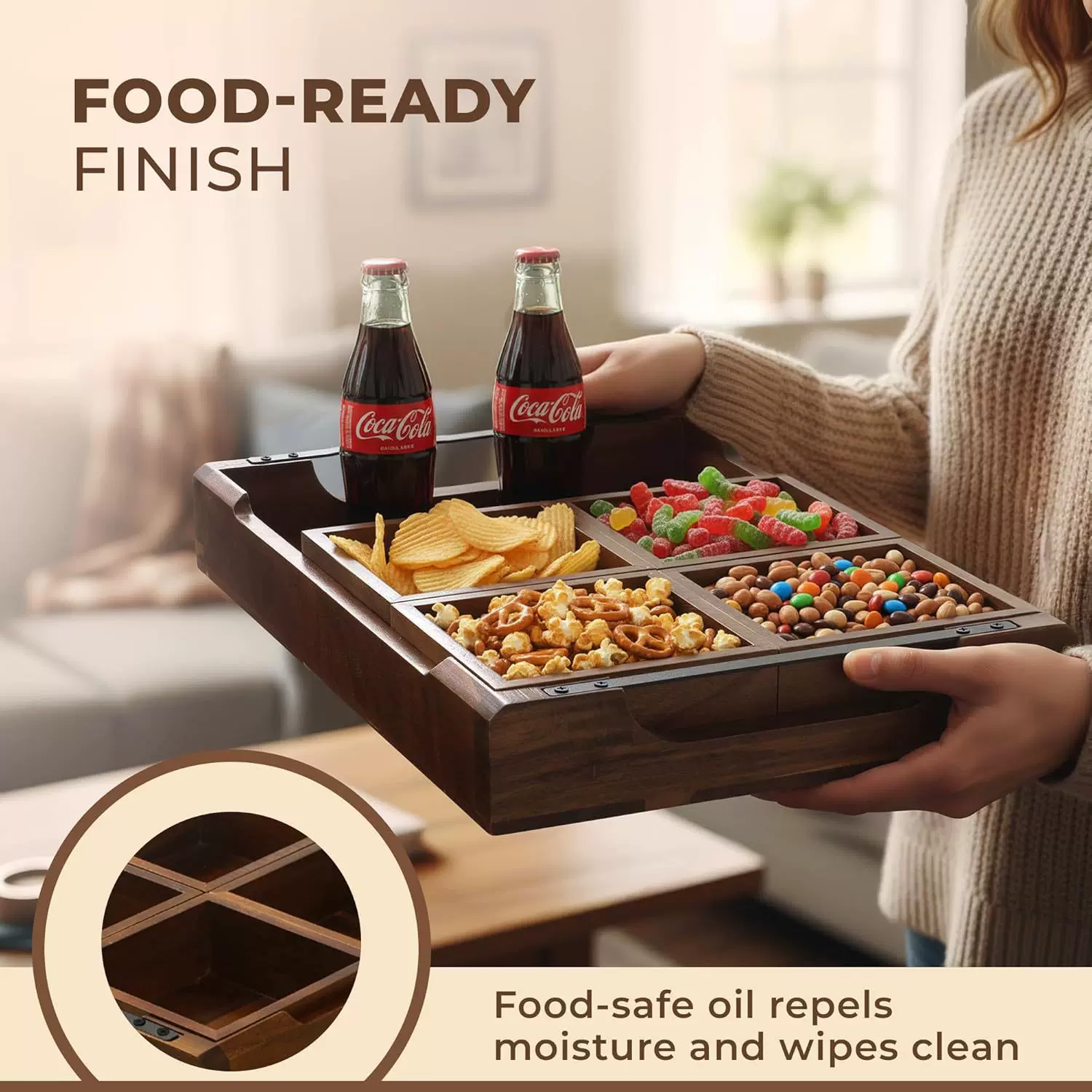 跨境木质多层分格零食盘家用坚果收纳托盘客厅分食盘实木托盘定制