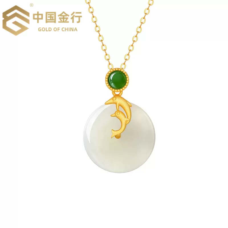 S925古法银镀金镶玉锦鲤海豚平安扣吊坠银饰和田玉转运珠项链女