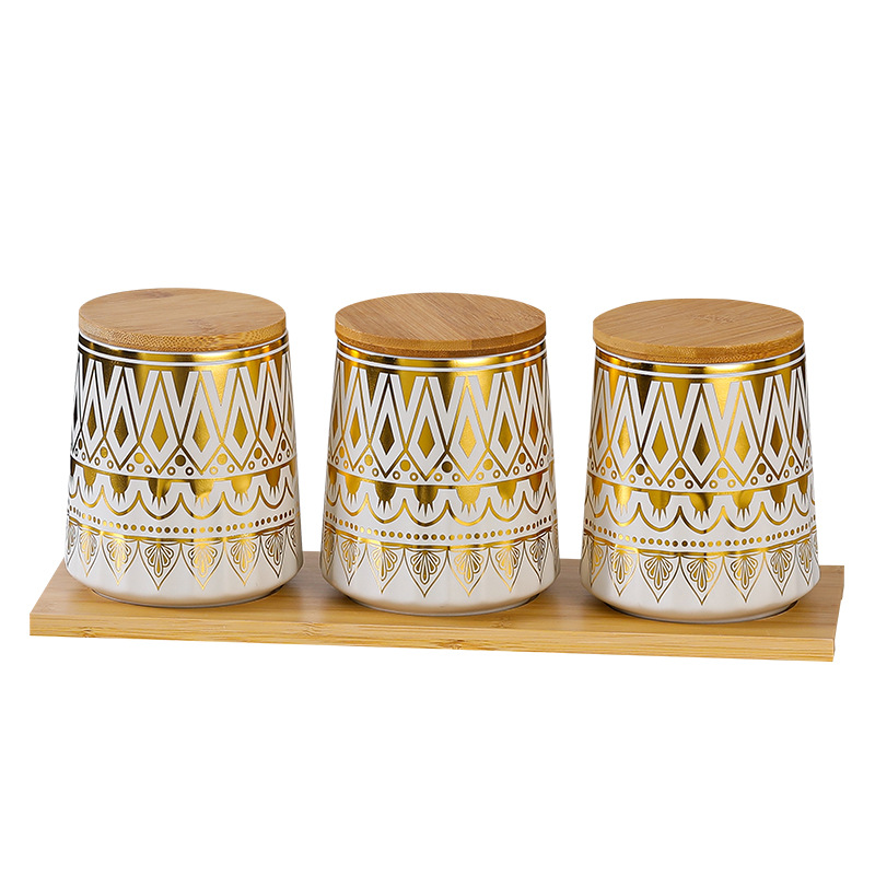 Tanque de sellado de cerámica exportado transfronterizo tanque de almacenamiento cubierta de madera tanque de almacenamiento de té de cocina condimento lata de café set