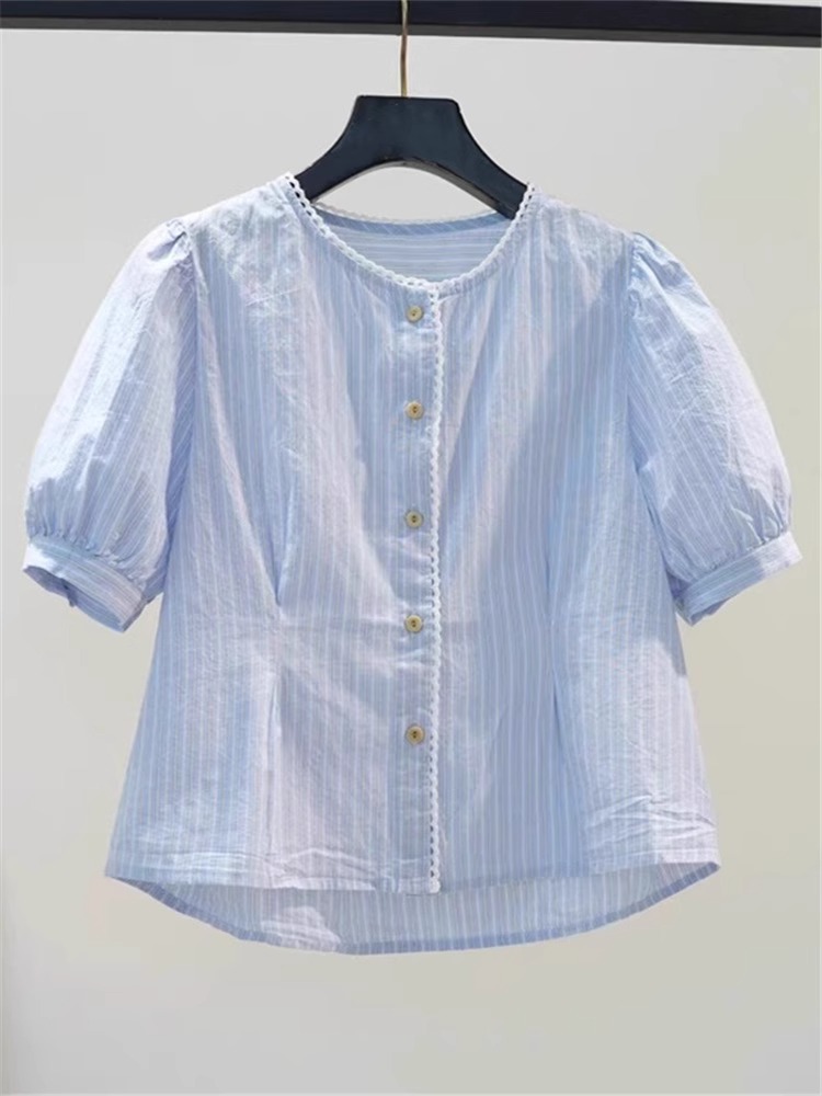 Áo sơ mi nữ cotton sọc dọc xanh nhạt dáng ngắn thắt eo tay phồng — màu xanh nhạt chi tiết 2