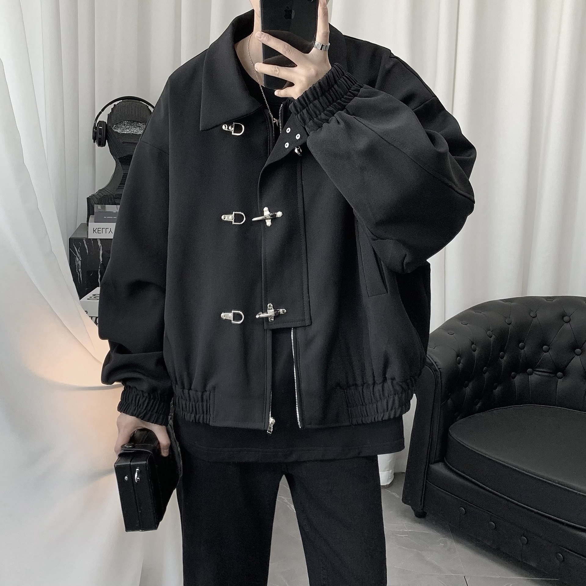 한국식 고급 다크 스타일 틈새 대비 스티칭 재킷 남성 틈새 금속 버클 디자인 ruffian 잘 생긴 짧은 재킷