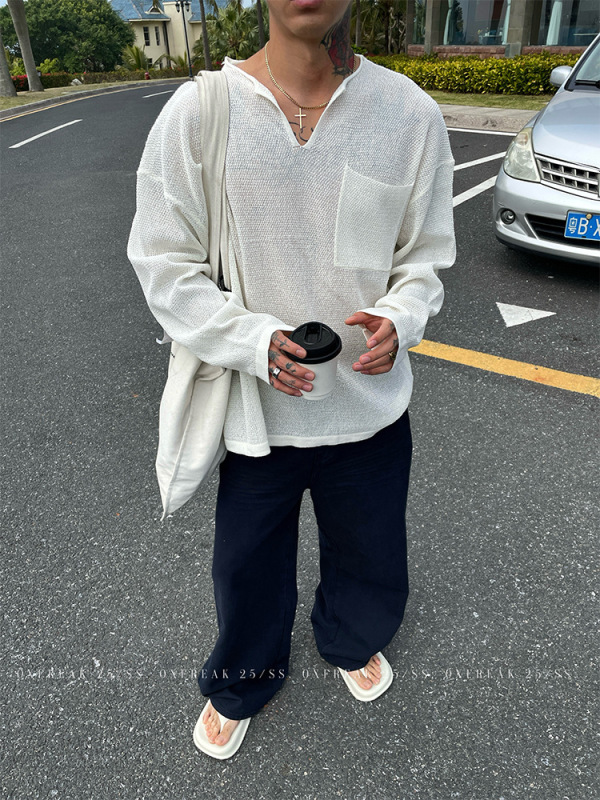 老钱风V领亚麻长袖t恤男秋款大码宽松上衣松弛穿搭大领口男士罩衫|undefined