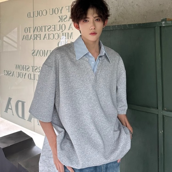 Black Fake Two-piece Short-sleeved Men's Summer Korean-style Fashionable Polo Shirt High-grade Feeling Fat Handsome Half-sleeved Top Hong Kong Fashion