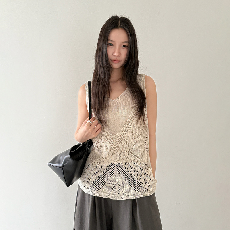 【Oufan】Fashionable Design Linen Tencel Fake Two-Piece Knitted Vest for Women Summer Crochet Top 11236