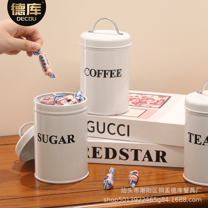 Industrial viento hierro arte metal europeo y americano juego de tres piezas café té caramelo tanque redondo de almacenamiento sellado a prueba de humedad
