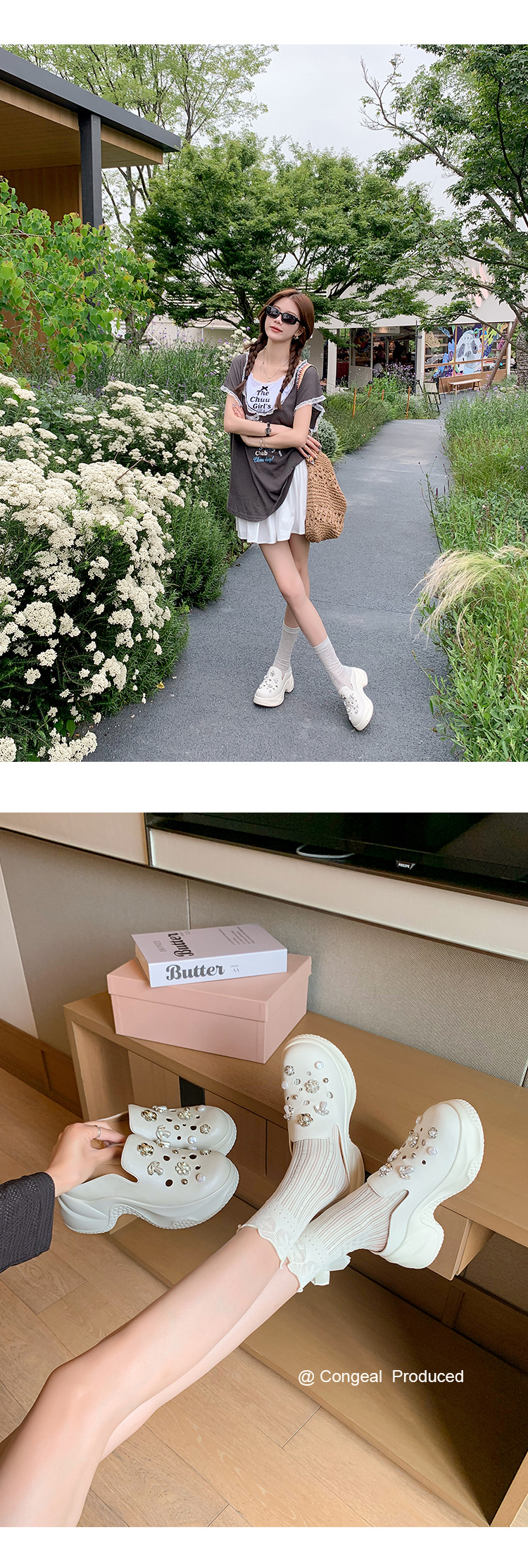 Dép lê bít mũi độn cao da thật 7cm cho nữ, phong cách sandal lỗ xốp mùa hè, đính ngọc trai đinh tán — Màu trắng, Màu xám chi tiết 14