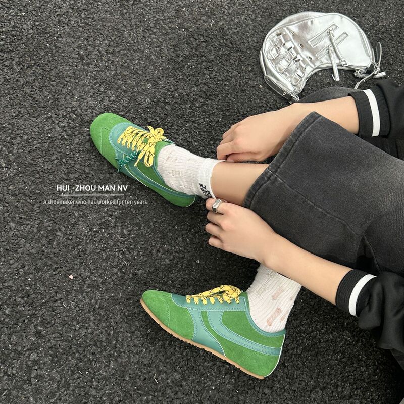 牛皮版复古红色德训鞋女2025新款拼色休闲板鞋运动内增高阿甘鞋女|undefined