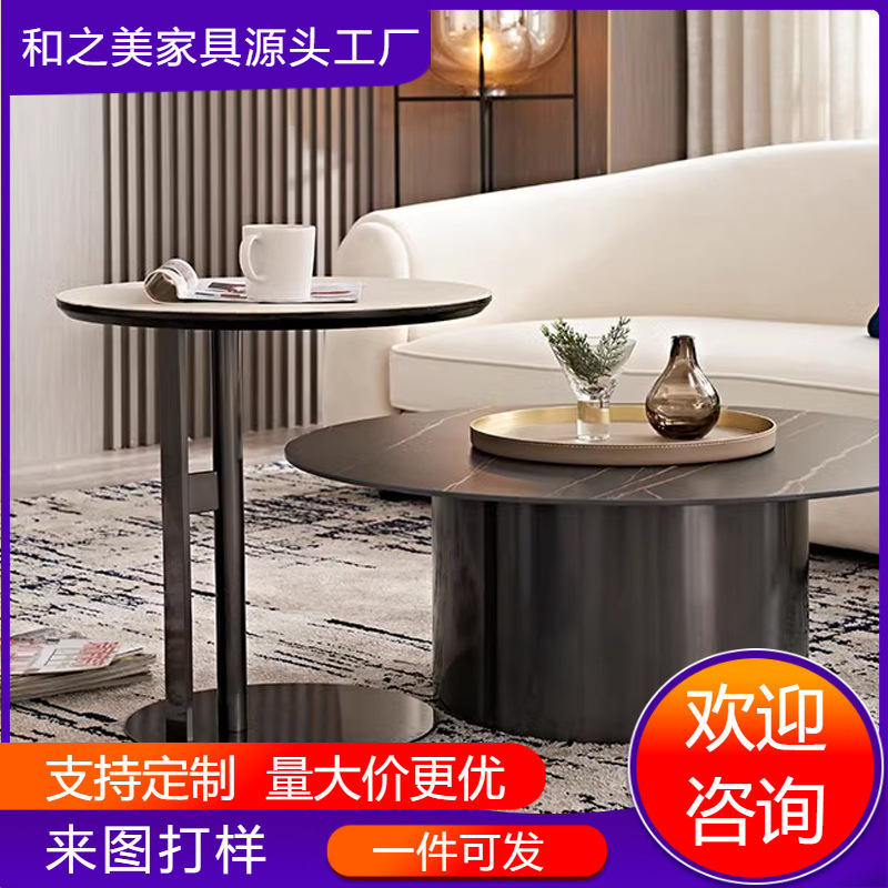 Italian style light luxury minimalist round side table saddle leather stainless steel creative small side table coffee table modern designer corner table