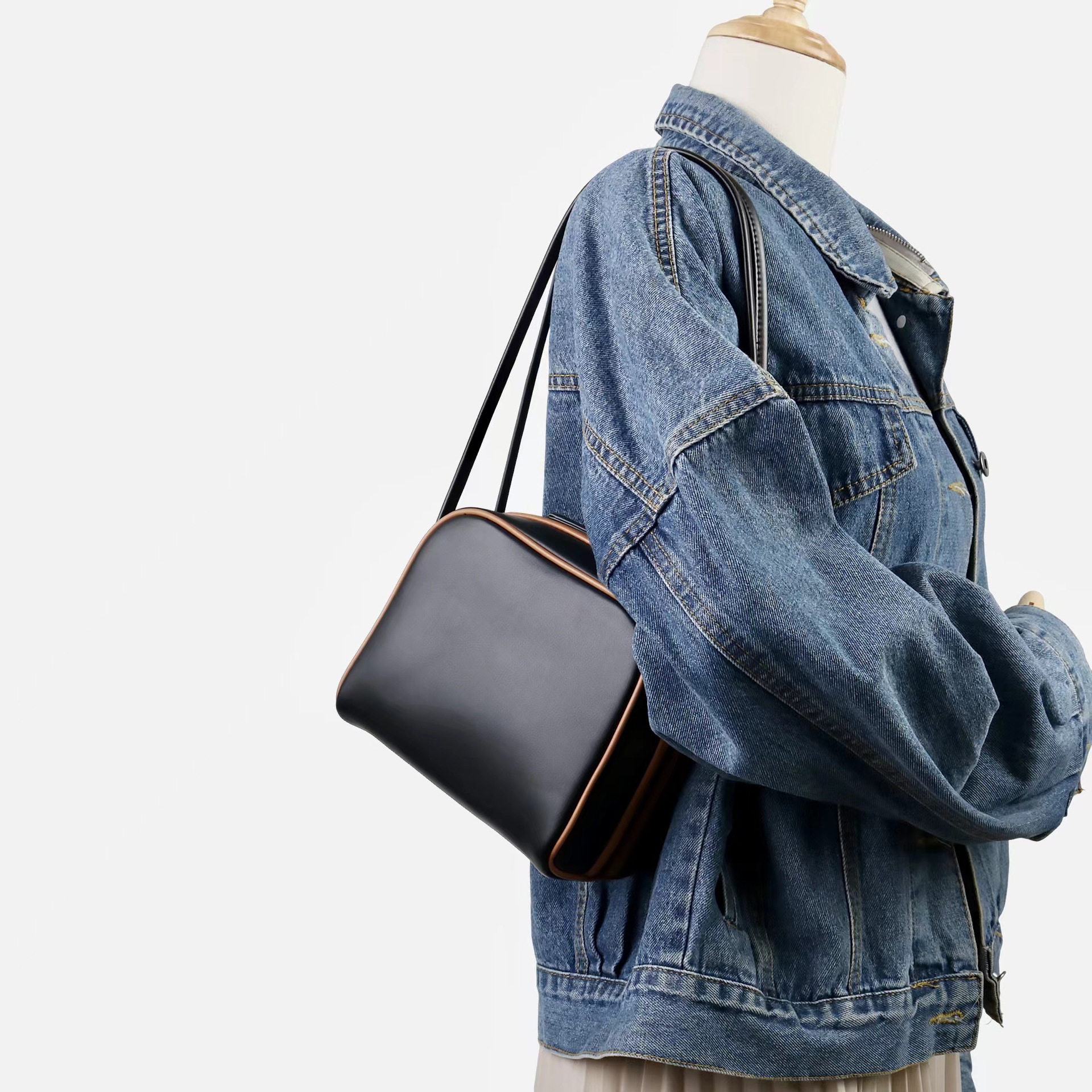 2025 New Fashion Versatile Genuine Leather Small Square Handbag For Women, Trendy Contrast Color Luxury Shoulder Commuter Underarm Bag - Thumbnail 2
