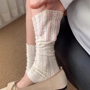 White Lace Socks Women's Spring and Summer Mid-tube Stacked Socks Leg Socks with Long Boots
