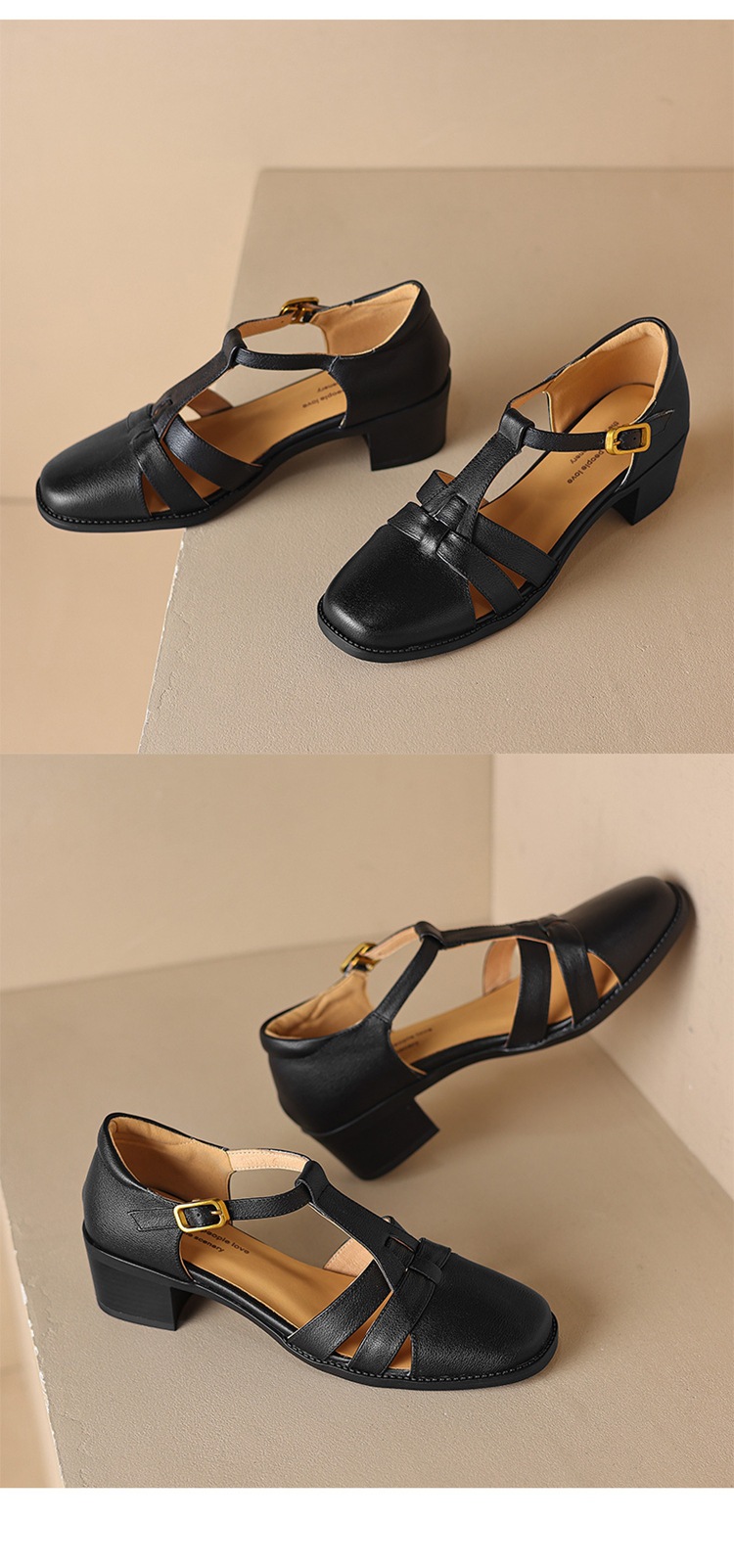 Sandal nữ quai chữ T da cừu rỗng gót xuồng 5 cm — Màu be chi tiết 14