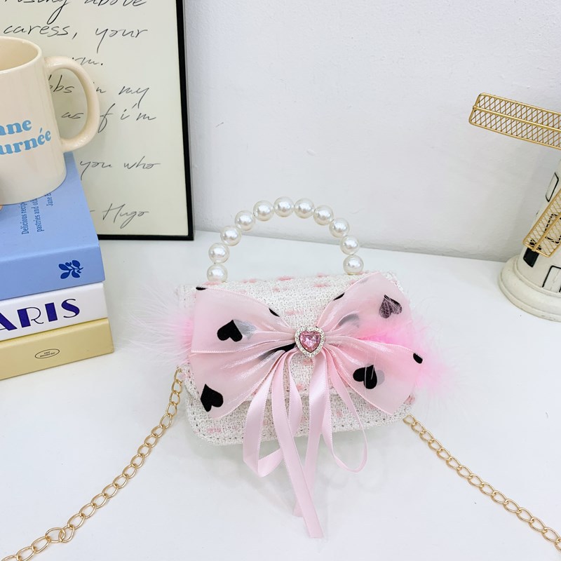 Bolso de hombro para niña con fragancia pequeña coreana, bolso de perla con lazo de amor, bolso de mensajero para niños con cadena