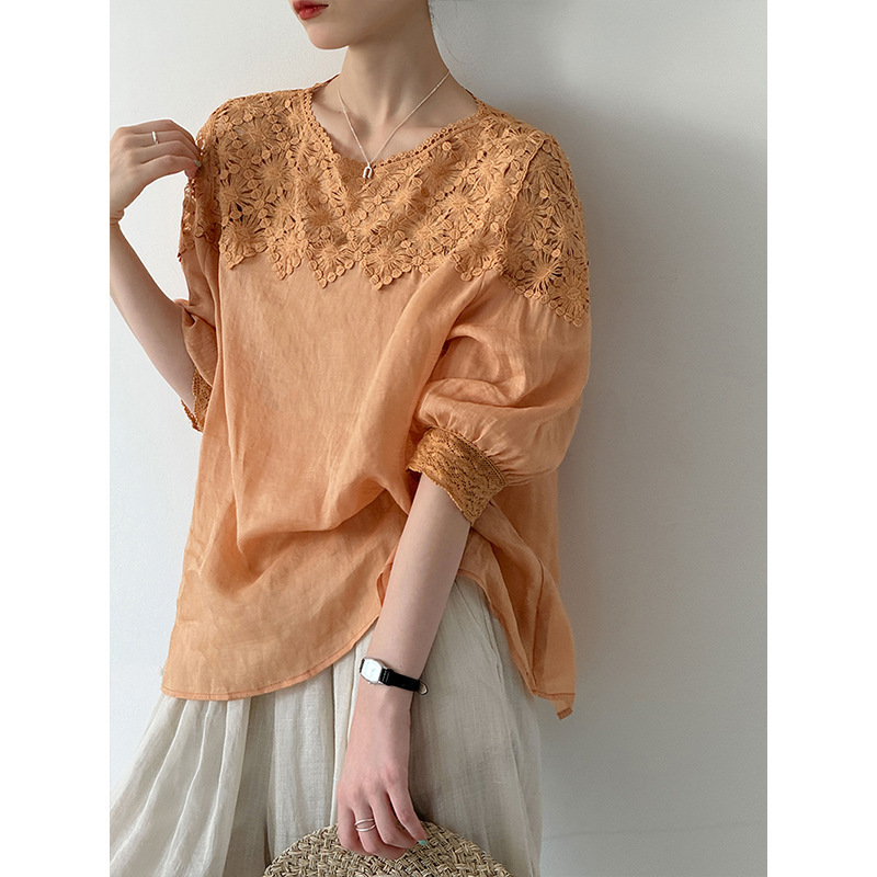 Orange Zhi Summer New Korean-Style Ramie Top for Women, Artistic Solid Color Shirt with Hollowed-Out Neckline Design, Blouse 8365 Orange Zhi Summer New Korean-Style Ramie Top for Women, Artistic Solid Color Shirt with Hollowed-Out Neckline Design, Blouse 8365