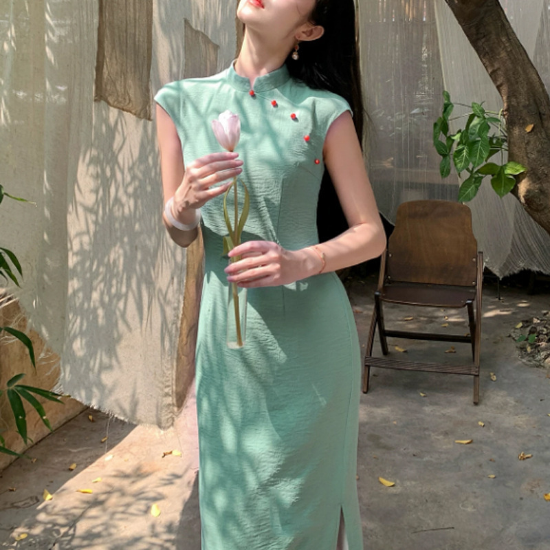 2026 Spring New Style National Style New Chinese Style Solid Color Diagonal Collar Sleeveless Slimming Long Qipao Dress Set for Women 2026 Spring New Style National Style New Chinese Style Solid Color Diagonal Collar Sleeveless Slimming Long Qipao Dress Set for Women