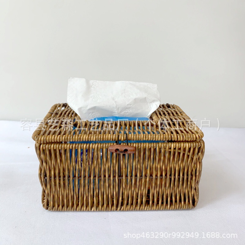 Pp Plastic Rattan Tissue Box Woven Box Living Room Storage Dustproof Waterproof Pull-Out Tissue Box Pastoral Style Napkin Holder