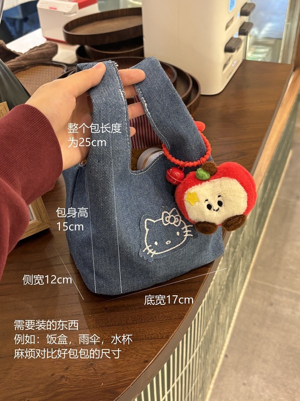 かわいい新しいデニムキティ通勤刺繍バッグポータブルストレージ外出コントラストカラーポータブル小さなバッグ|undefined