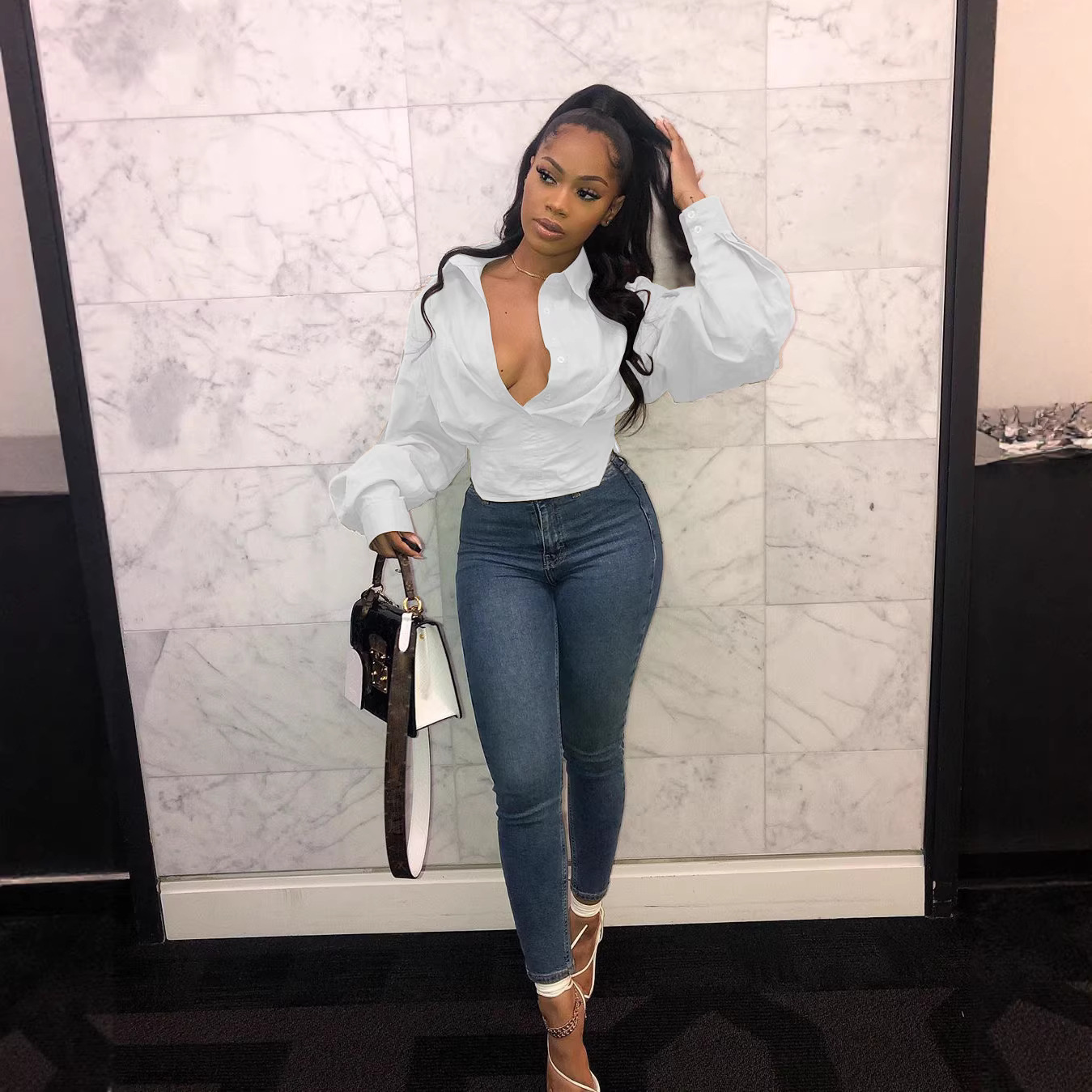 Women's Clothing Slim Fit Elegant Solid Color Lantern Sleeve Shirt Casual American Style Top For Spring/Autumn Summer_voghion.com