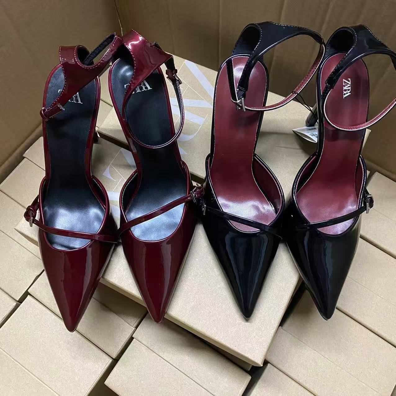 Autumn 2024 New Women's Shoes wine red Patent Leather Pointed-toe Shallow Heel Muller Shoes with Buckle Strap High Heels