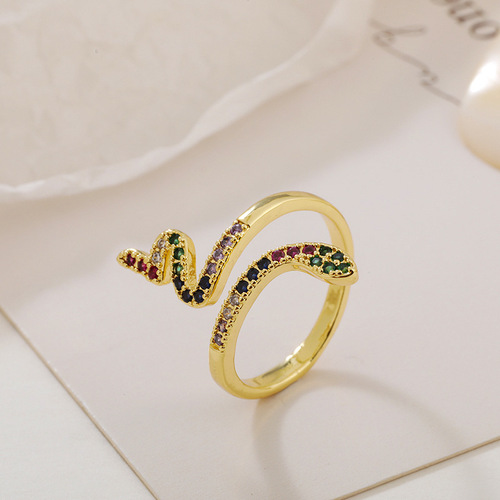 Light luxury, ethnic style, Internet celebrity, creative and personalized snake-shaped ring for men and women, simple colorful zodiac opening
