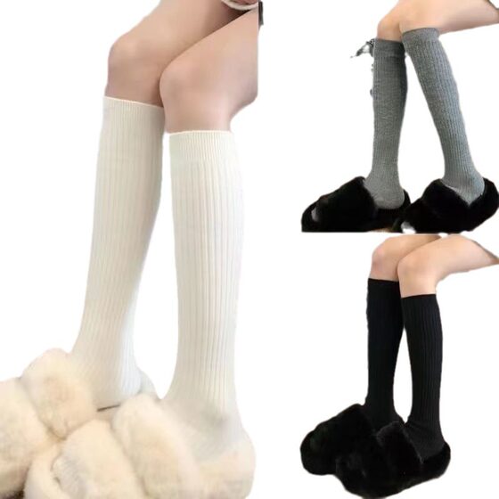 Calf Socks for Girls, Knee-high Stockings, Autumn and Winter Sweet and Spicy ins Pure Color Beige Japanese Style Long Boots to Protect Against Cold