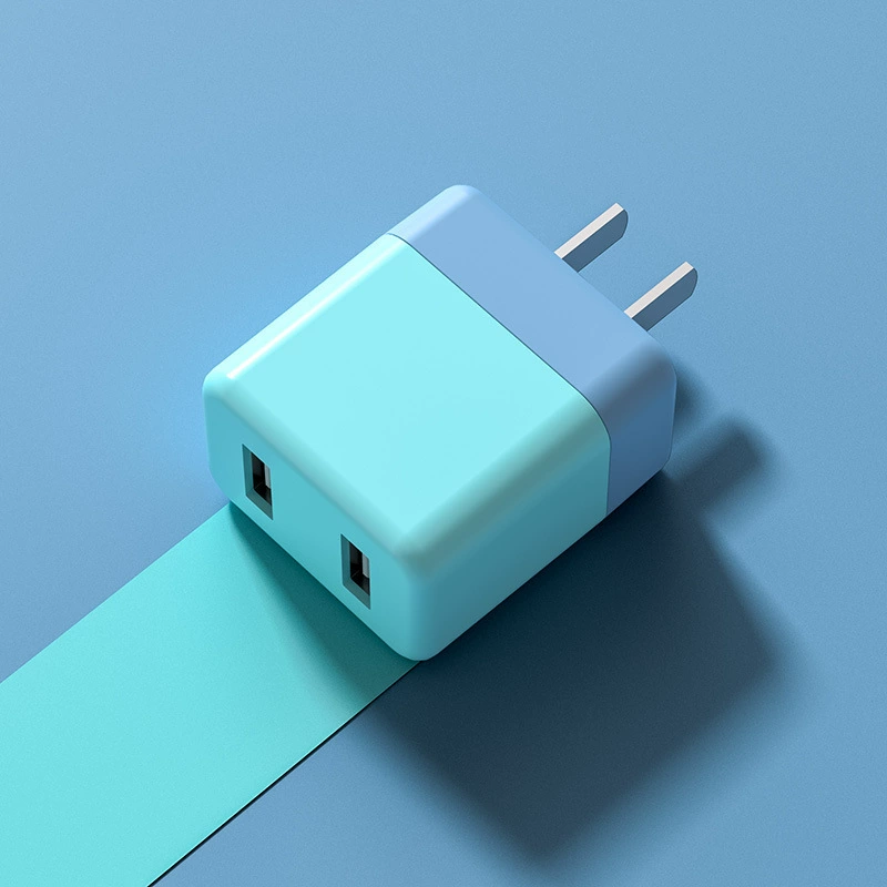 Зарядное устройство (совместимо с Apple, Huawei) USB 5V 2A двойной порт, красочный адаптер для стены с кабелем 1–2 м