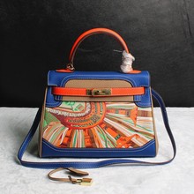 凯莉包涂鸦彩绘包头层牛皮撞色配色牛皮女包手提单肩斜挎包28寸