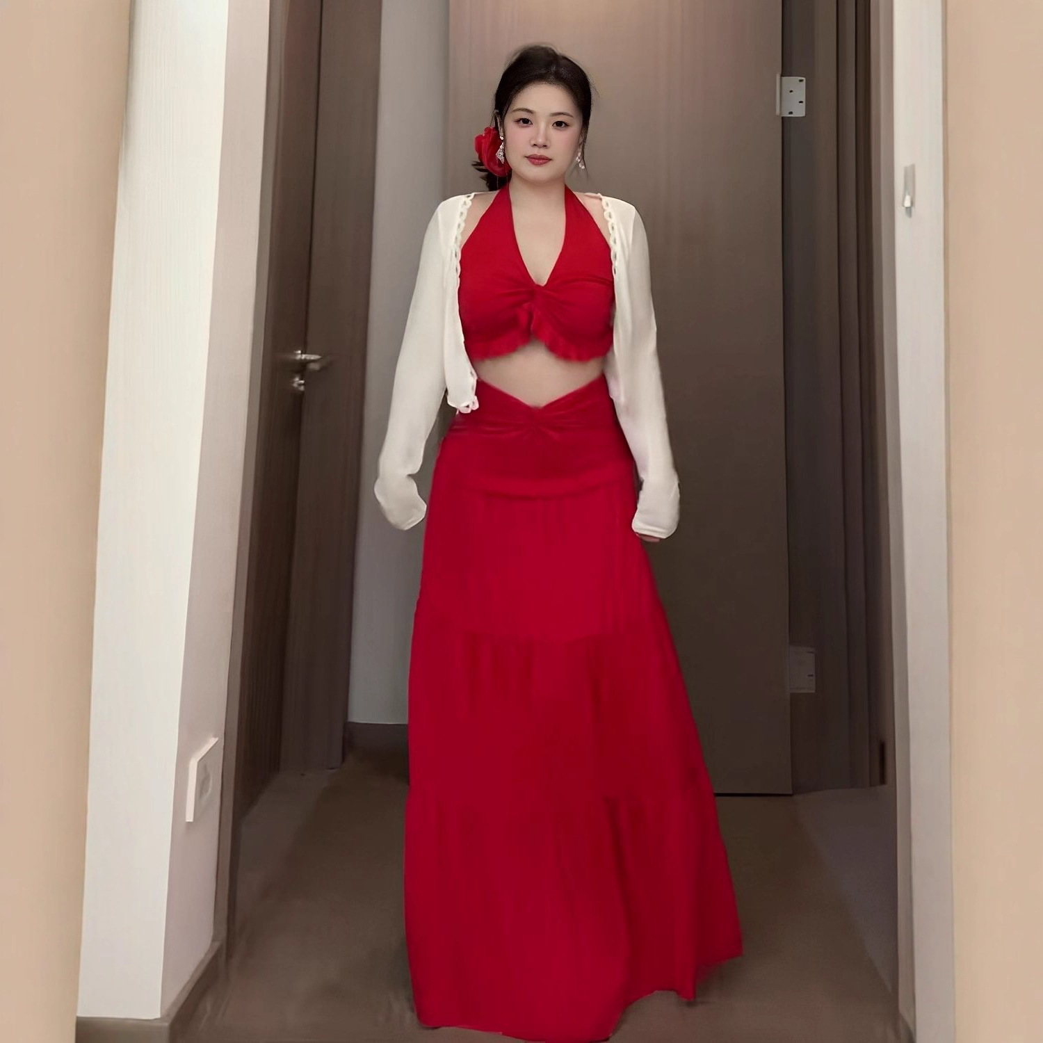 大码纯欲海边度假风套装春夏胖mm显瘦v领挂脖小吊带+半身裙两件套