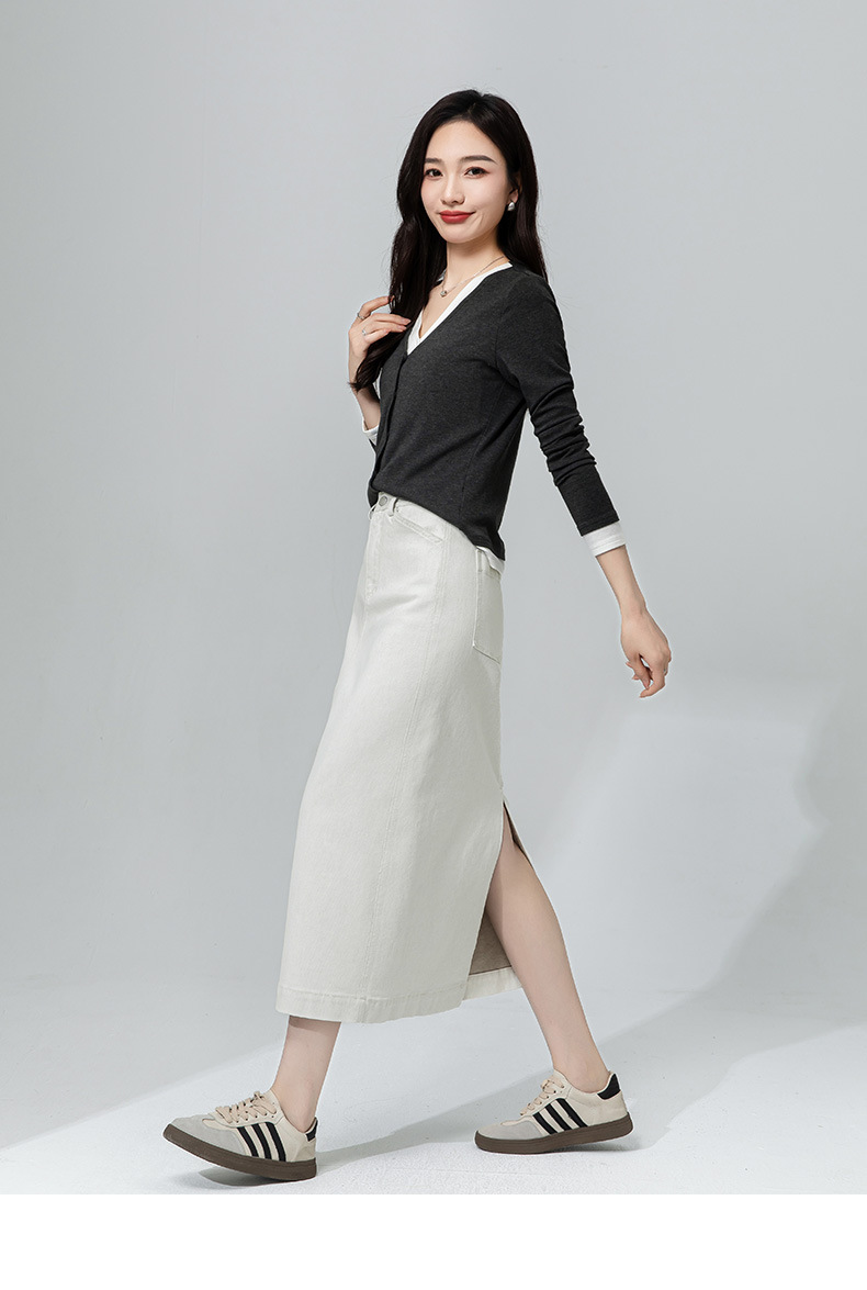 Váy denim trắng nữ cạp cao bút chì phong cách tối giản dài midi — Màu xám trắng chi tiết 24