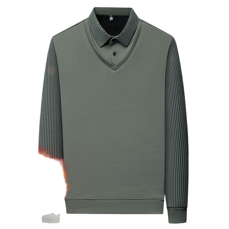 De invierno de los nuevos hombres de la solapa a rayas camiseta medio verde de los hombres de moda casual falso de dos piezas de moda de fondo superior al por mayor