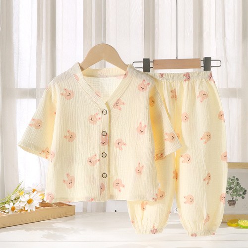 Children's thin pajamas set baby pure cotton Korean style home clothes for boys and girls breathable gauze cardigan air-conditioned clothes