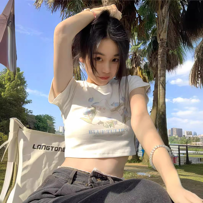 Short Bm Style Crop Top for Women, White Base Shirt, 2025 Summer New Sweet and Spicy Slim-Fit Short-Sleeve T-Shirt, Trendy on Instagram