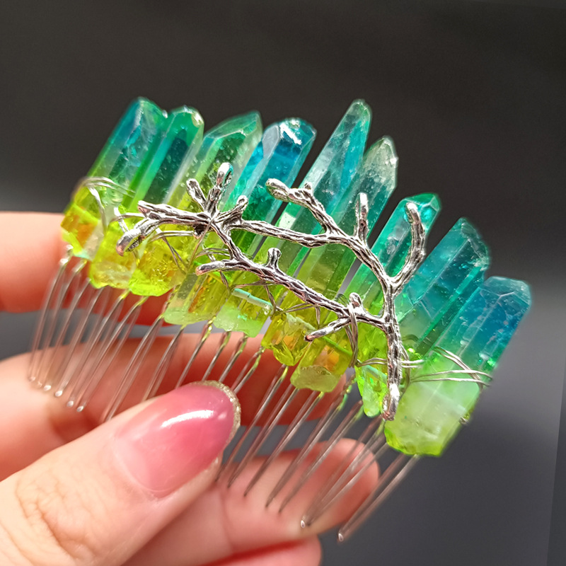 노랑-녹색 크리스탈 헤어 빗 + 가지