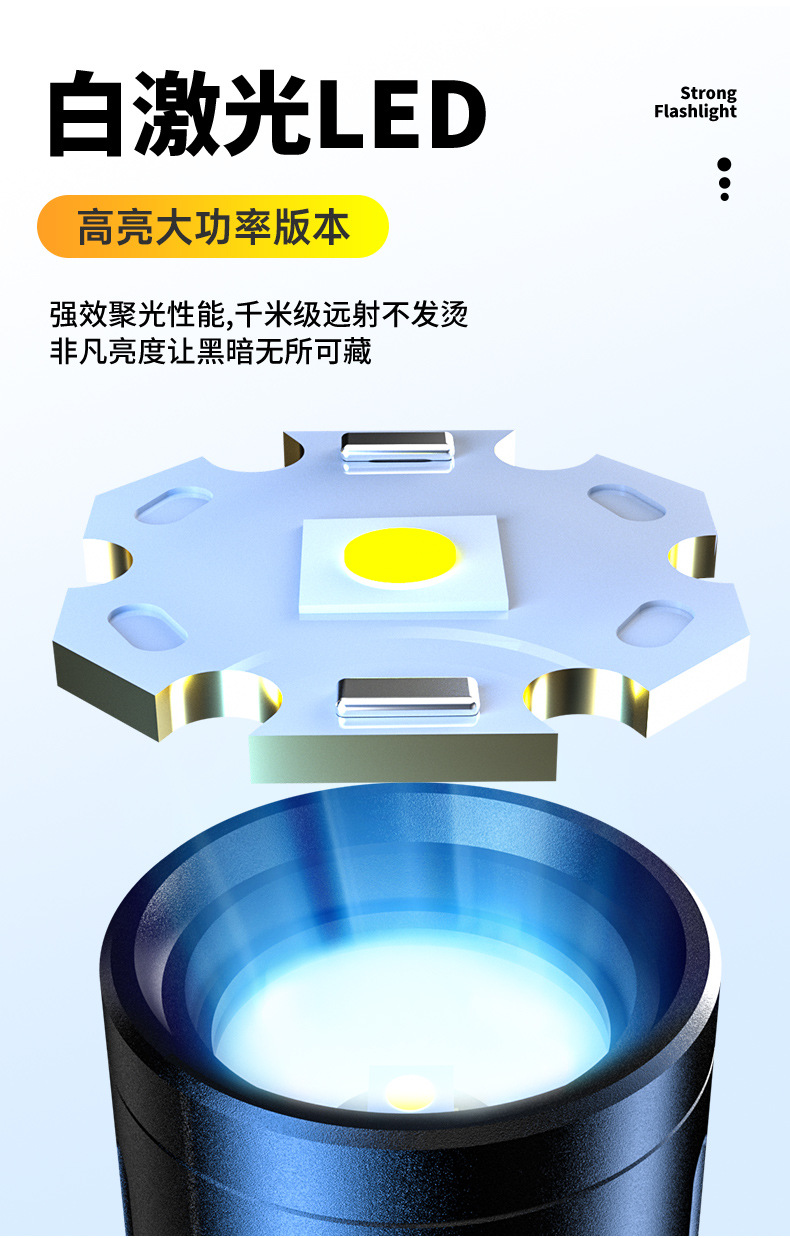 Flashlight with Strong Light, Rechargeable, Long-Lasting, Outdoor, High-Brightness, Long-Range, Small, Portable, Household, Durable, Large-Capacity, White Light