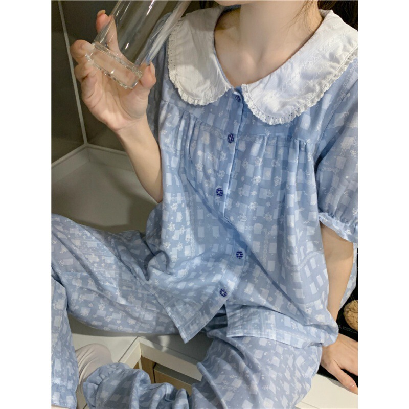 2024 Korean Style Sweet Color Small Lar Cotton Printed Clear and Comfortable Summer Short-sleeved Trousers Home Clothes