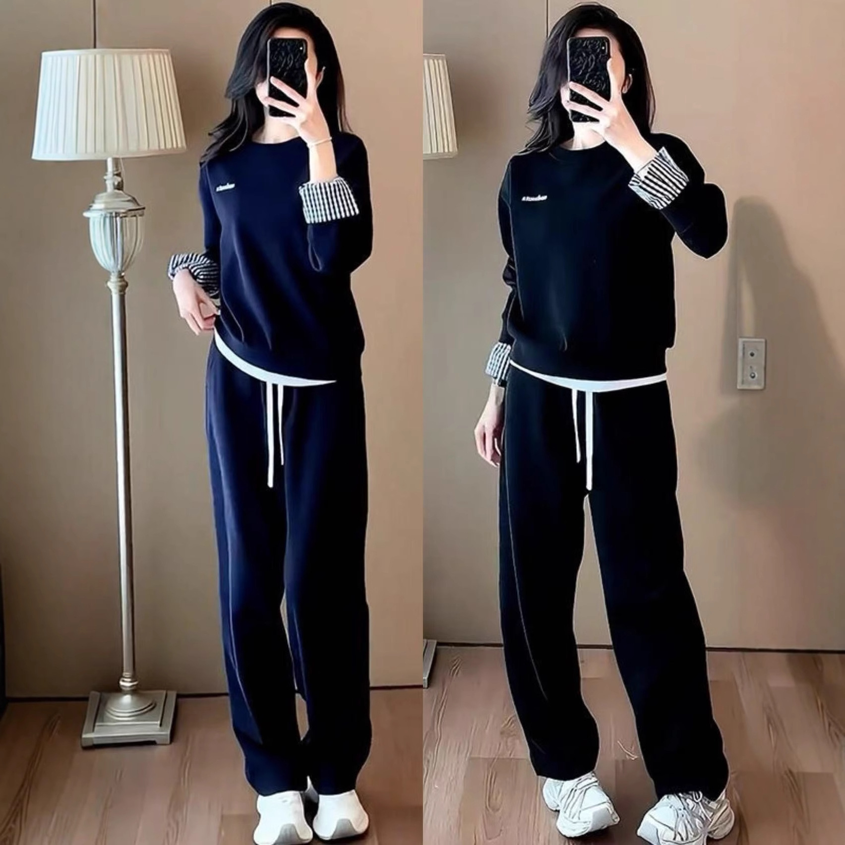 Striped Patchwork Sportswear Suit for Women 2025 Spring & Fall New Large Size Fake Two-Piece Tops and Pants Casual Two-Piece Set