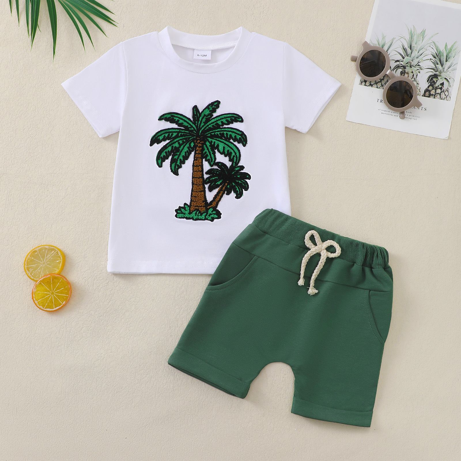 2025 New Cross-Border Infant and Toddler Boys Summer White Short-Sleeved Embroidered T-Shirt Pure Color Short Suit