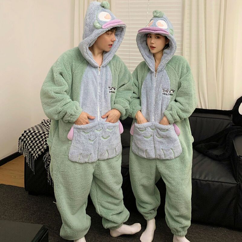 2025 New Flannel One-Piece Couple Pajamas Coral Fleece Winter Cartoon Youth Can Be Weared Outside Homewear Set
