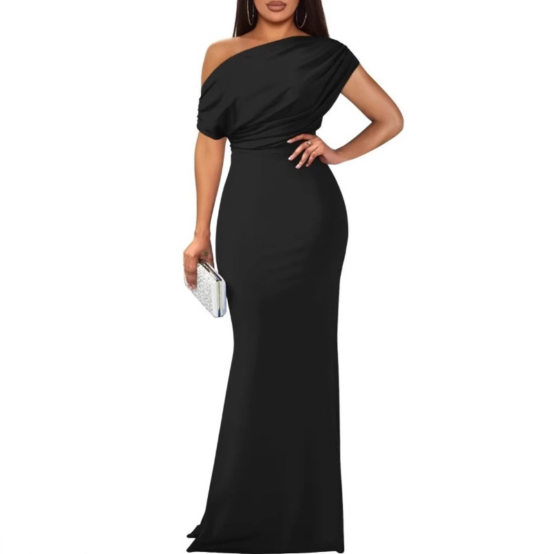 Amazon independent station Europe and the United States cross-border new temperament dress sexy slanted shoulder long dinner party evening dress