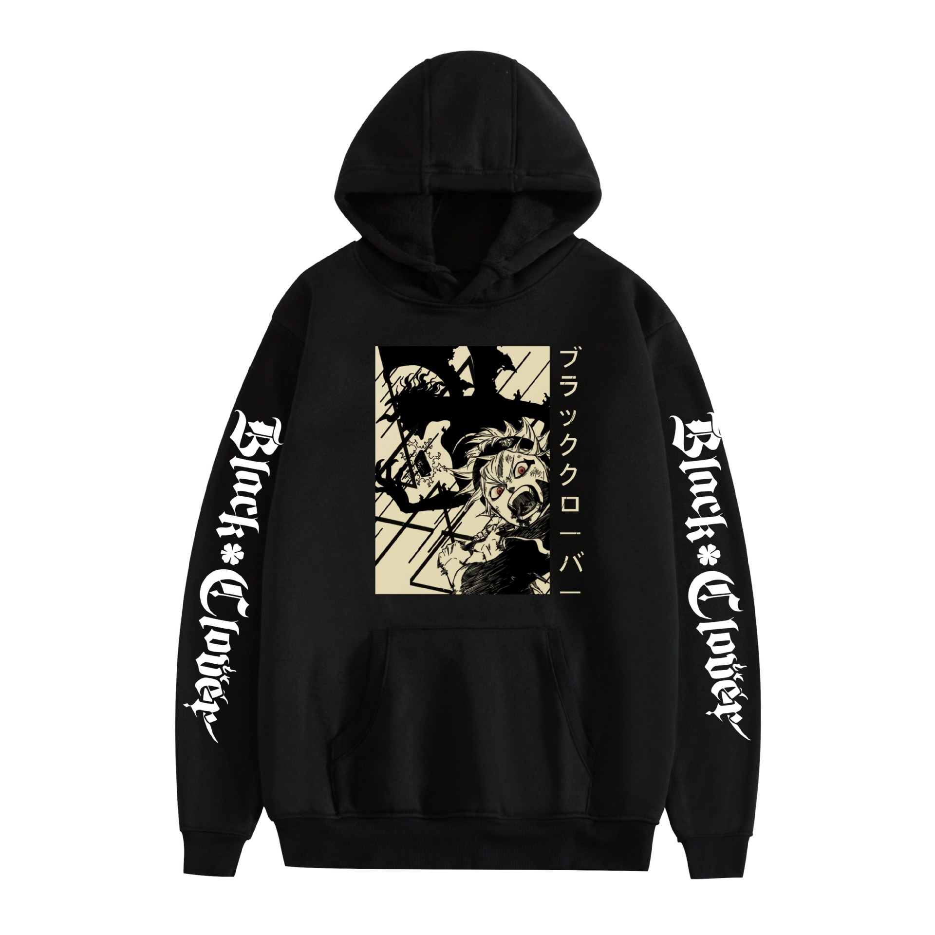 Suéter con capucha periférico de animación de trébol de cuatro hojas negro bidimensional marca de moda sudadera con capucha suelta casual más chaqueta de terciopelo nuevo